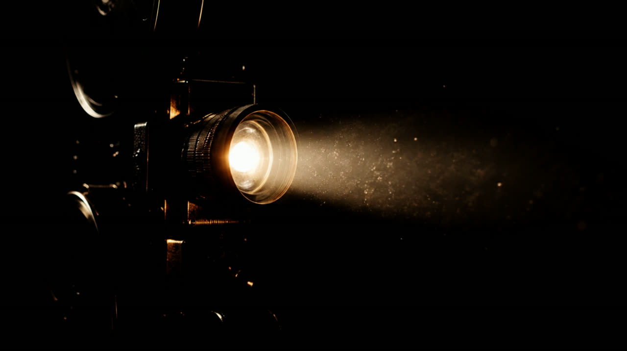 A vintage film projector switching on in the dark, its beam full of dust