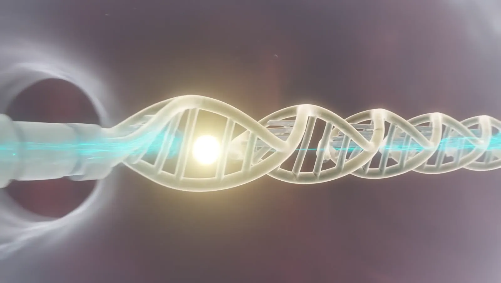 A glowing DNA helix in a dark space