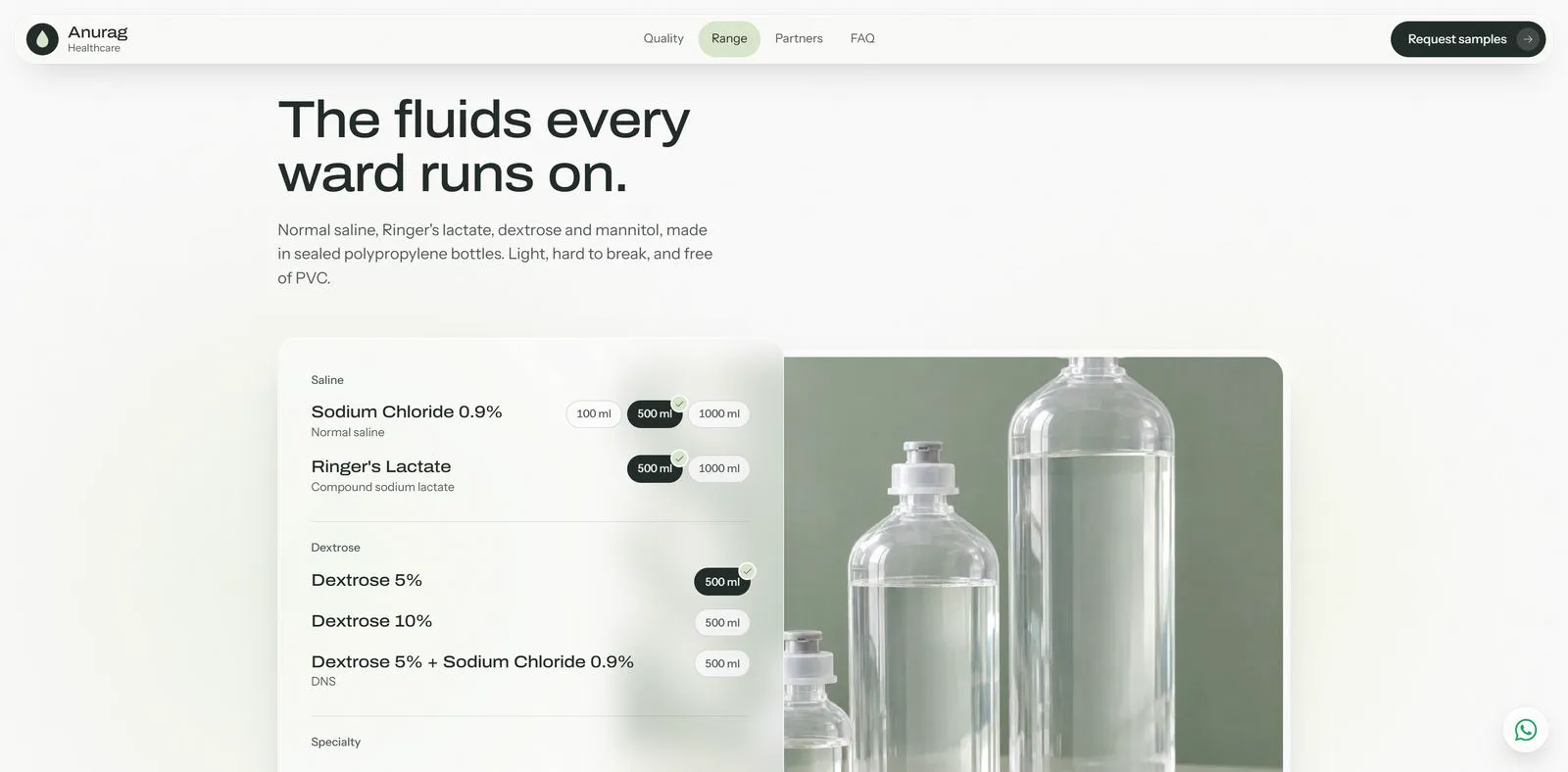 Anurag Healthcare product range with IV fluid bottles and sizes