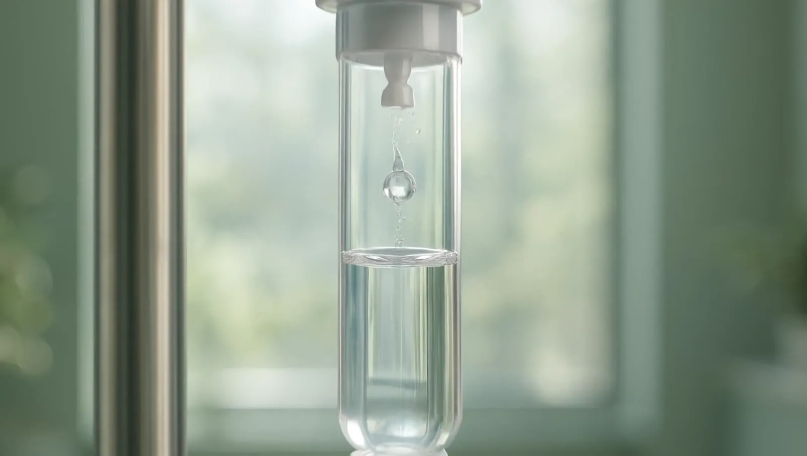A single drop falling through an IV drip chamber