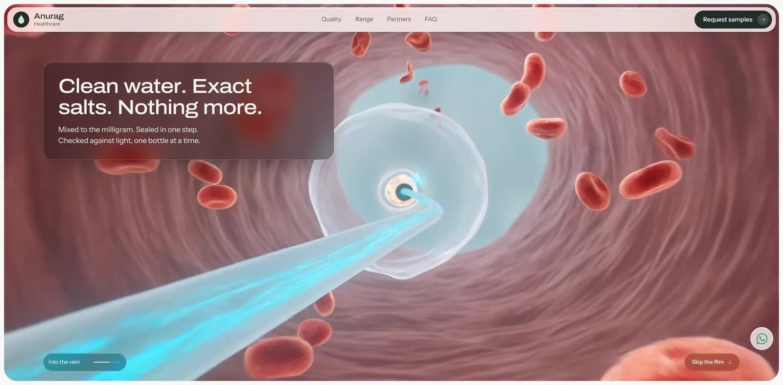 Anurag Healthcare website: a drop travelling through a vein among red blood cells