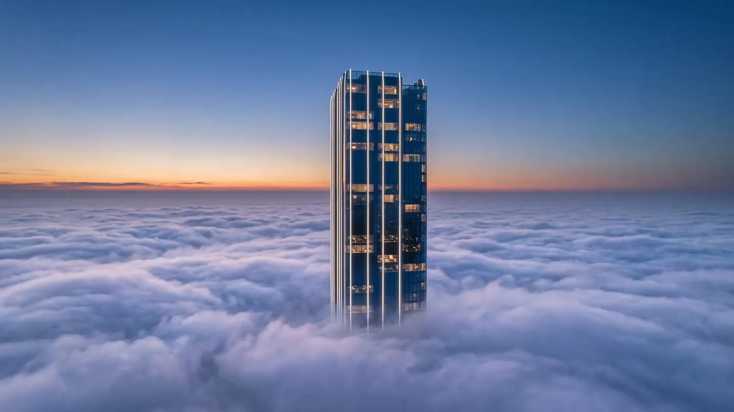 A glass tower above the clouds at dawn