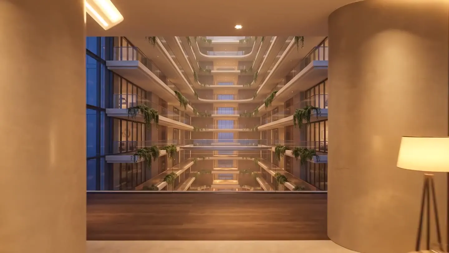 A sky atrium with planted balconies