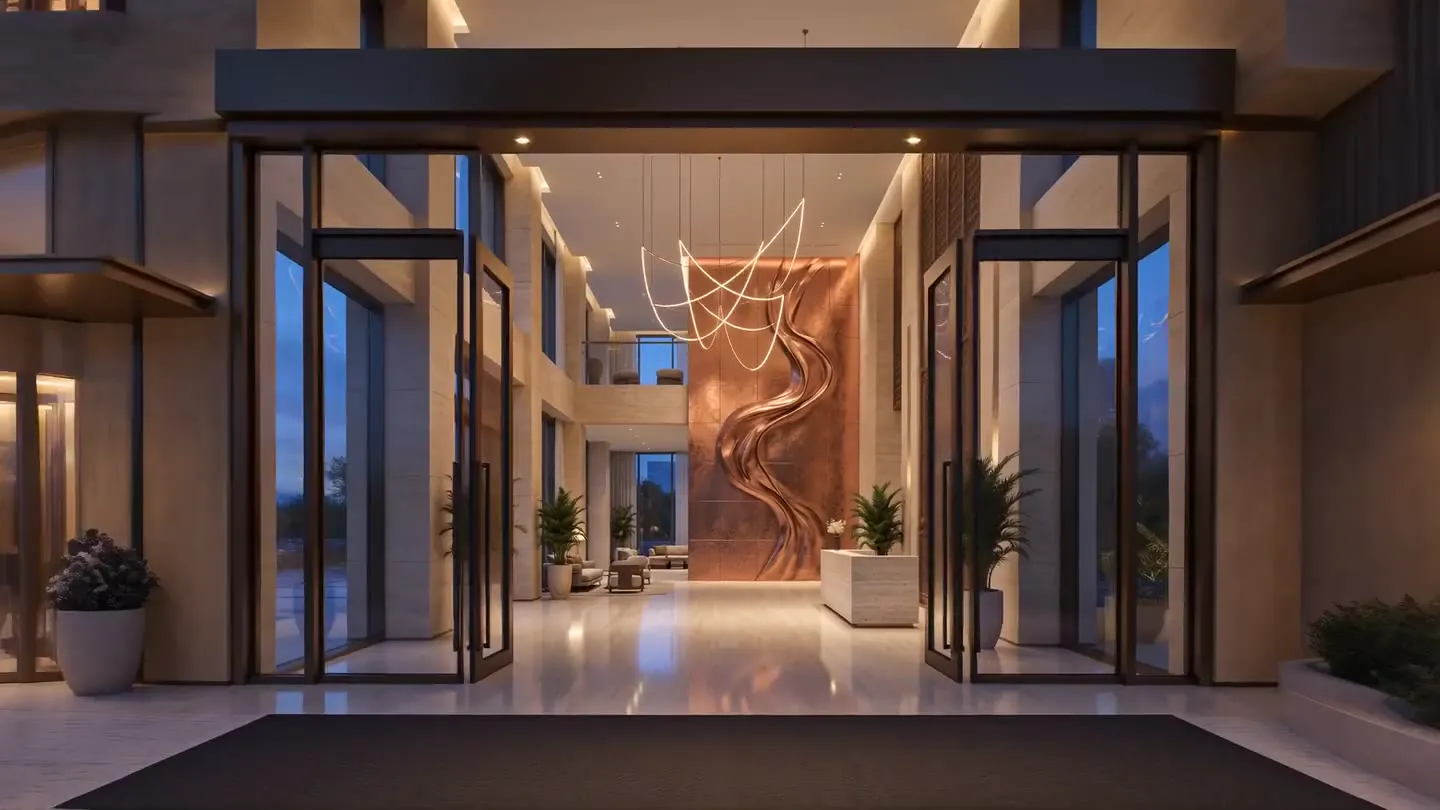 The lobby entrance with glass doors