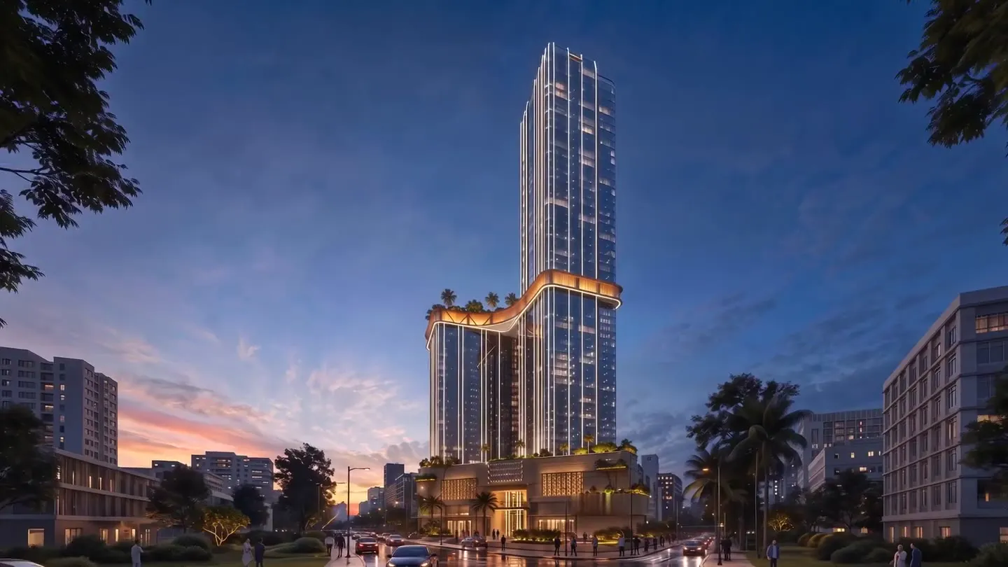 The tower at street level at dusk