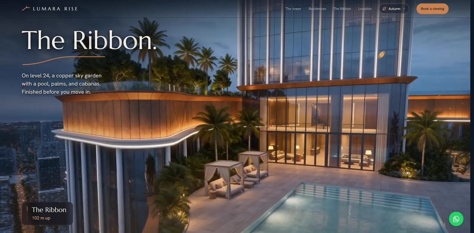 Lumara Rise website section showing a rooftop pool and garden called The Ribbon