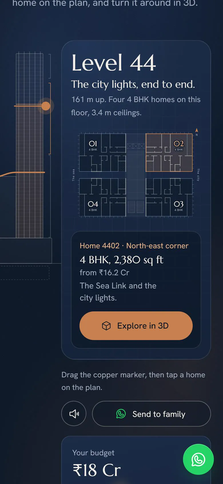Lumara Rise floor picker on a phone showing Level 44, its plan and price