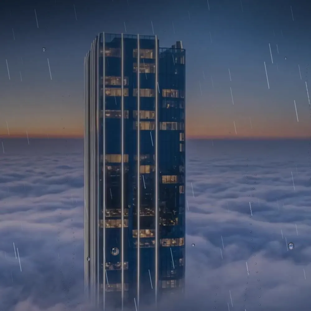 The Lumara Rise tower in the rain above the clouds