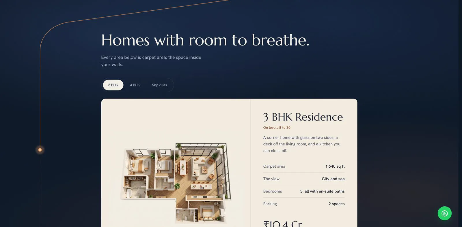 Lumara Rise residences section with a 3 BHK floor plan card
