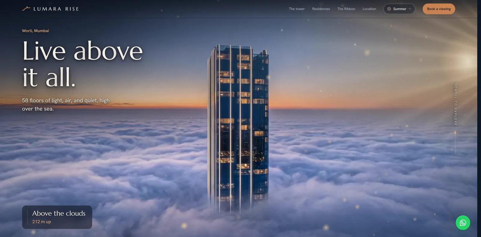 Lumara Rise website on a desktop: the tower rising above the clouds with the headline Live above it all