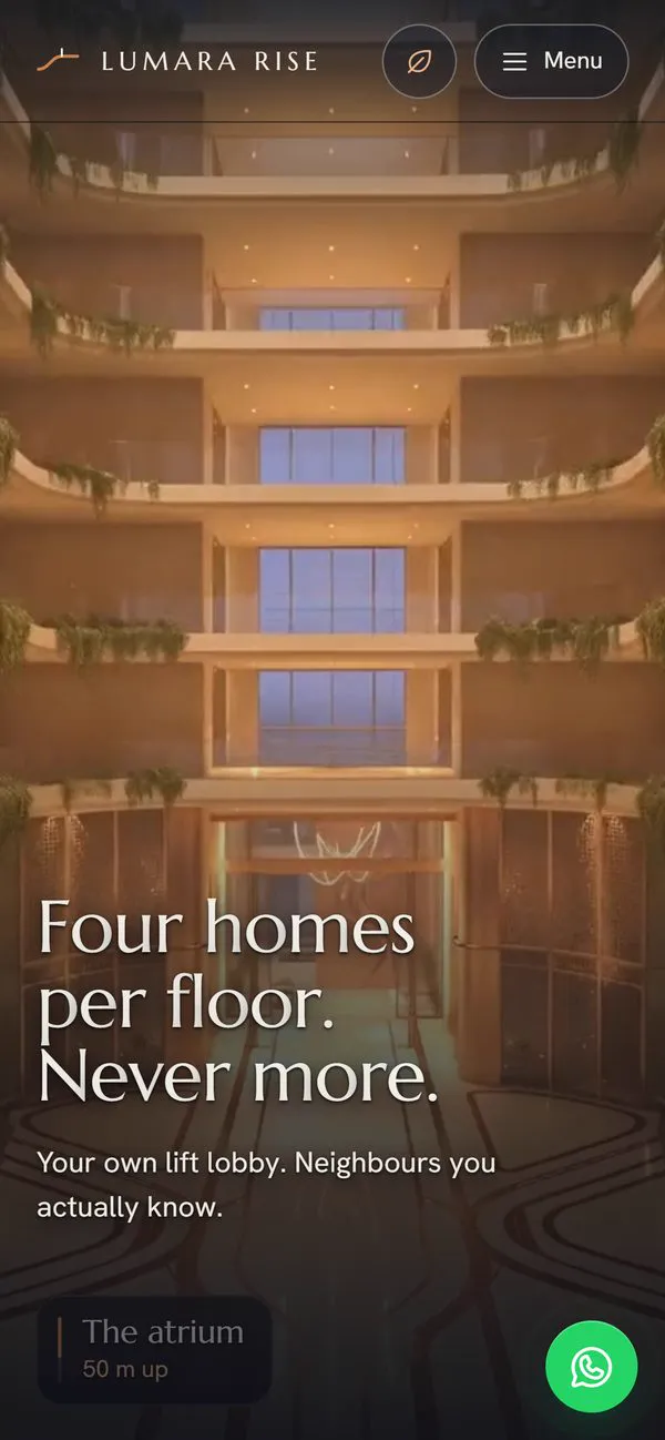 Lumara Rise website on a phone: an atrium with the headline Four homes per floor, never more