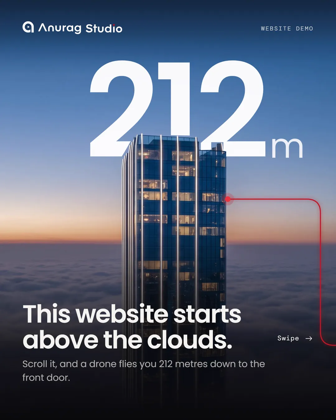 The Lumara Rise tower above the clouds at dawn, with the line This website starts above the clouds
