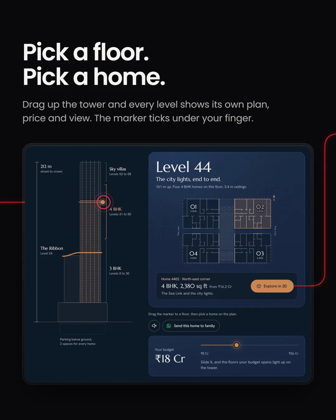 Pick a floor, pick a home: the floor picker open on level 44 with its plan and price