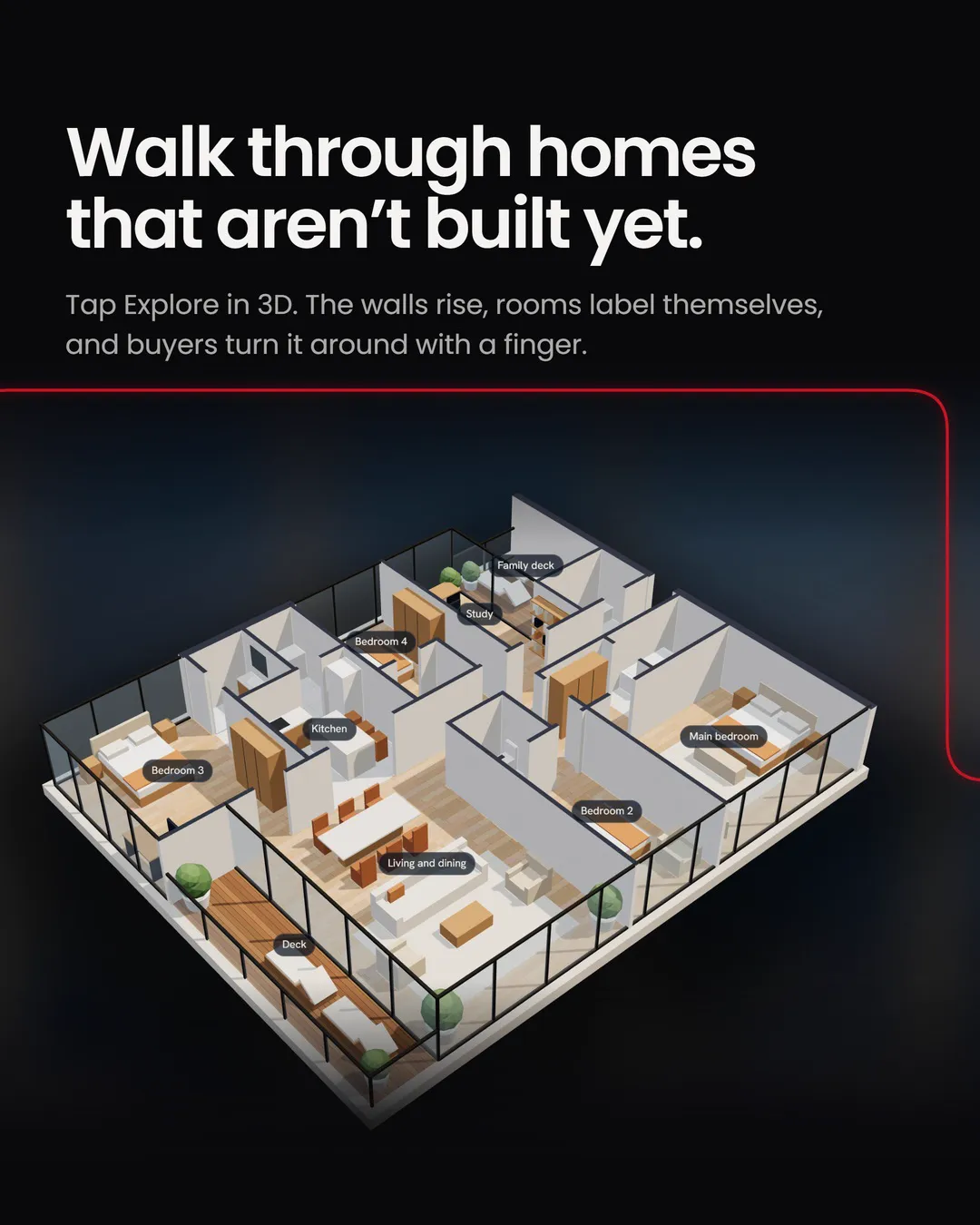 Walk through homes that are not built yet: a 3D cutaway of an apartment with labelled rooms