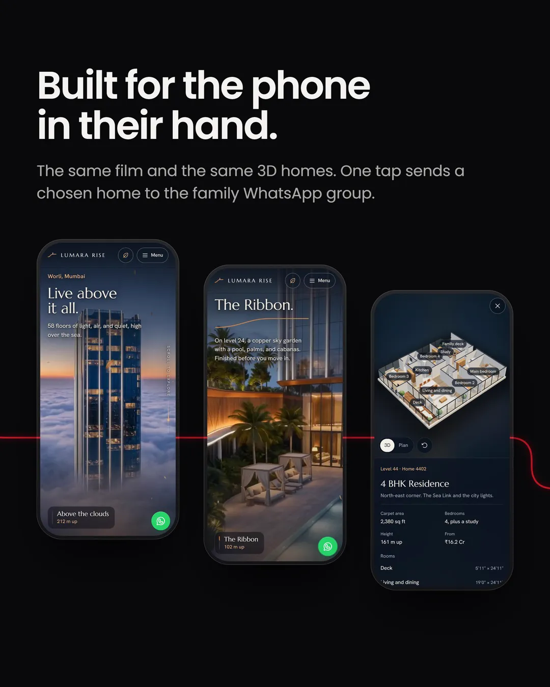 Built for the phone in their hand: three phone screens of the Lumara Rise website