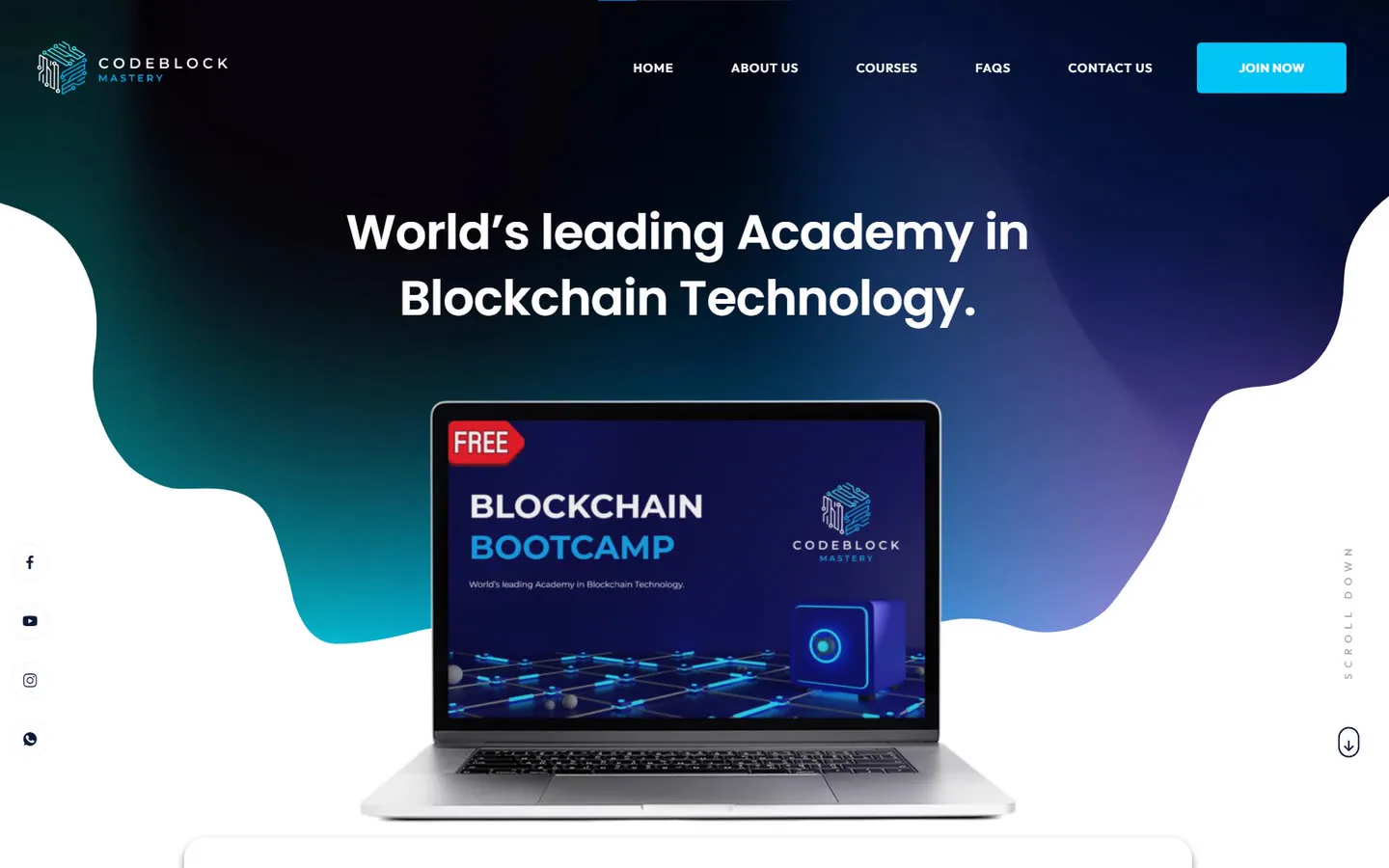 Codeblock Mastery website: the headline World's leading Academy in Blockchain Technology above a laptop