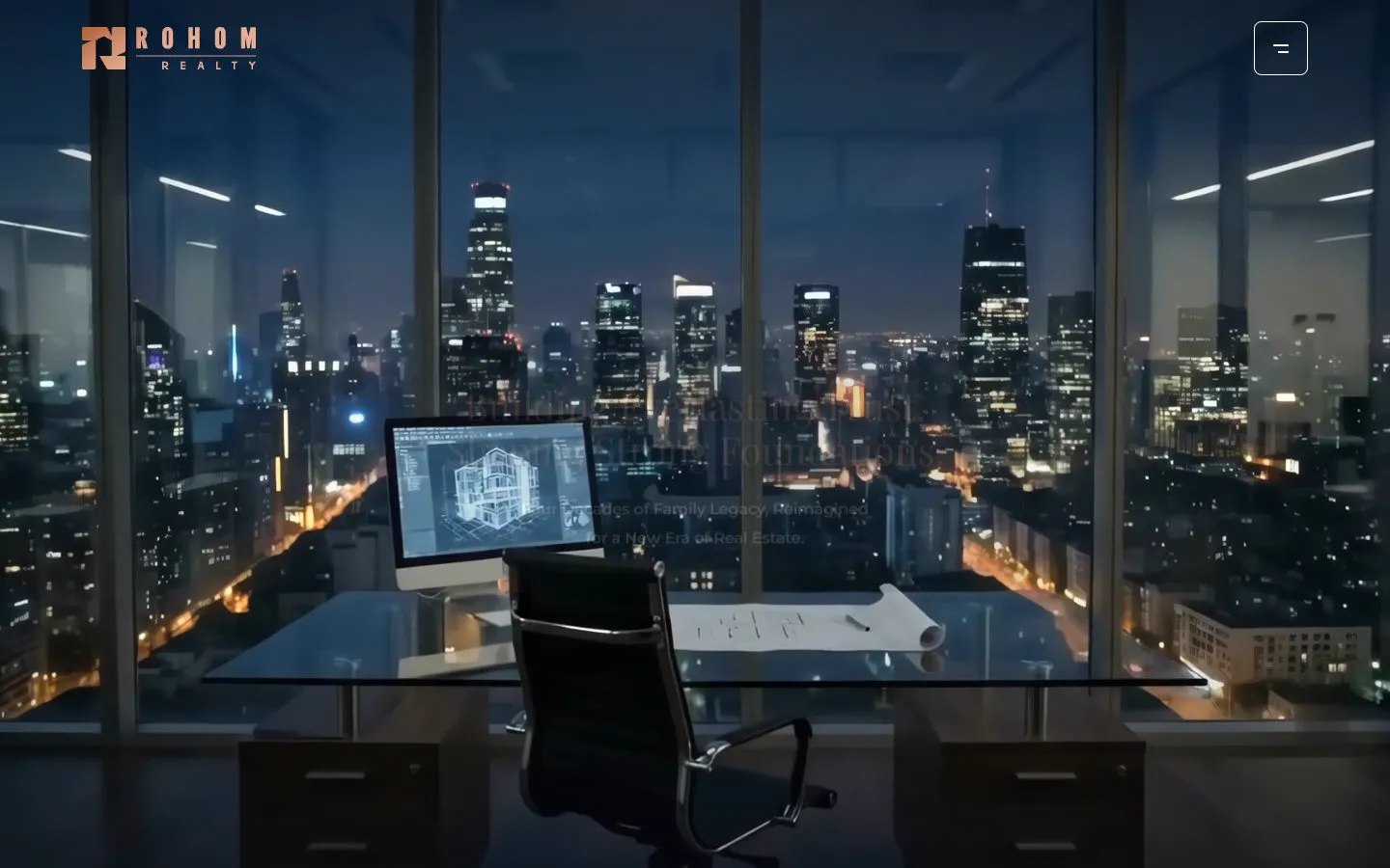 Rohom Realty website: a night view of Mumbai from a glass office